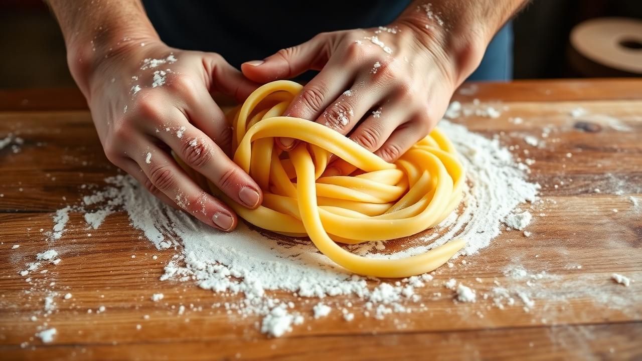 Hands kneading fresh pasta dough on a floured wooden surface