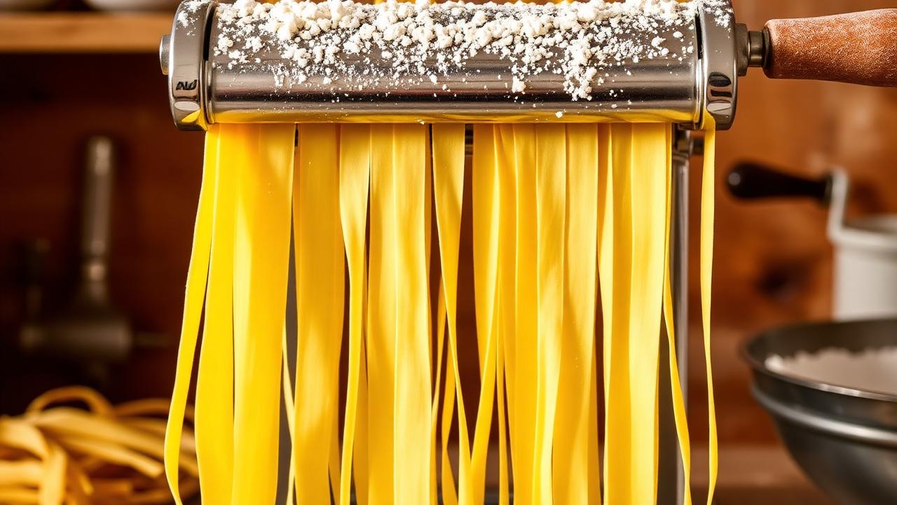 Fresh fettuccine being cut through a pasta machine roller