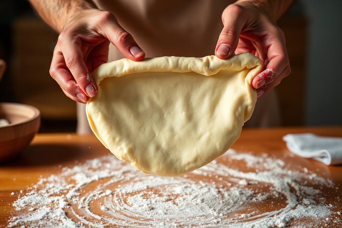 Hands stretching pizza dough showing thin translucent center and thick edges