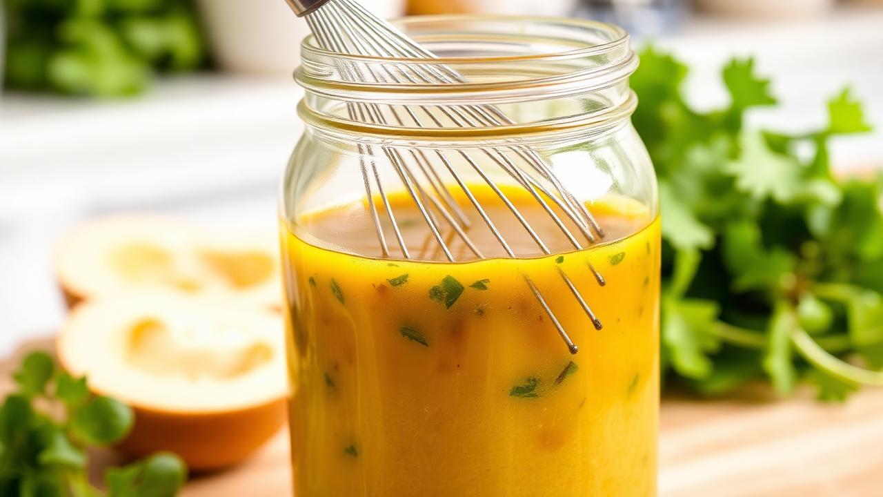 Homemade salad dressing being whisked in a glass jar with herbs and citrus