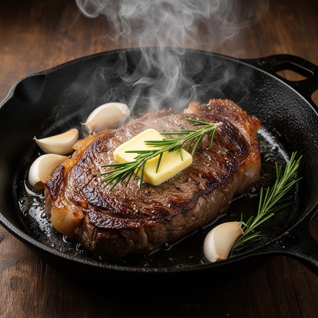 Steak searing in a cast iron skillet with butter, garlic and rosemary