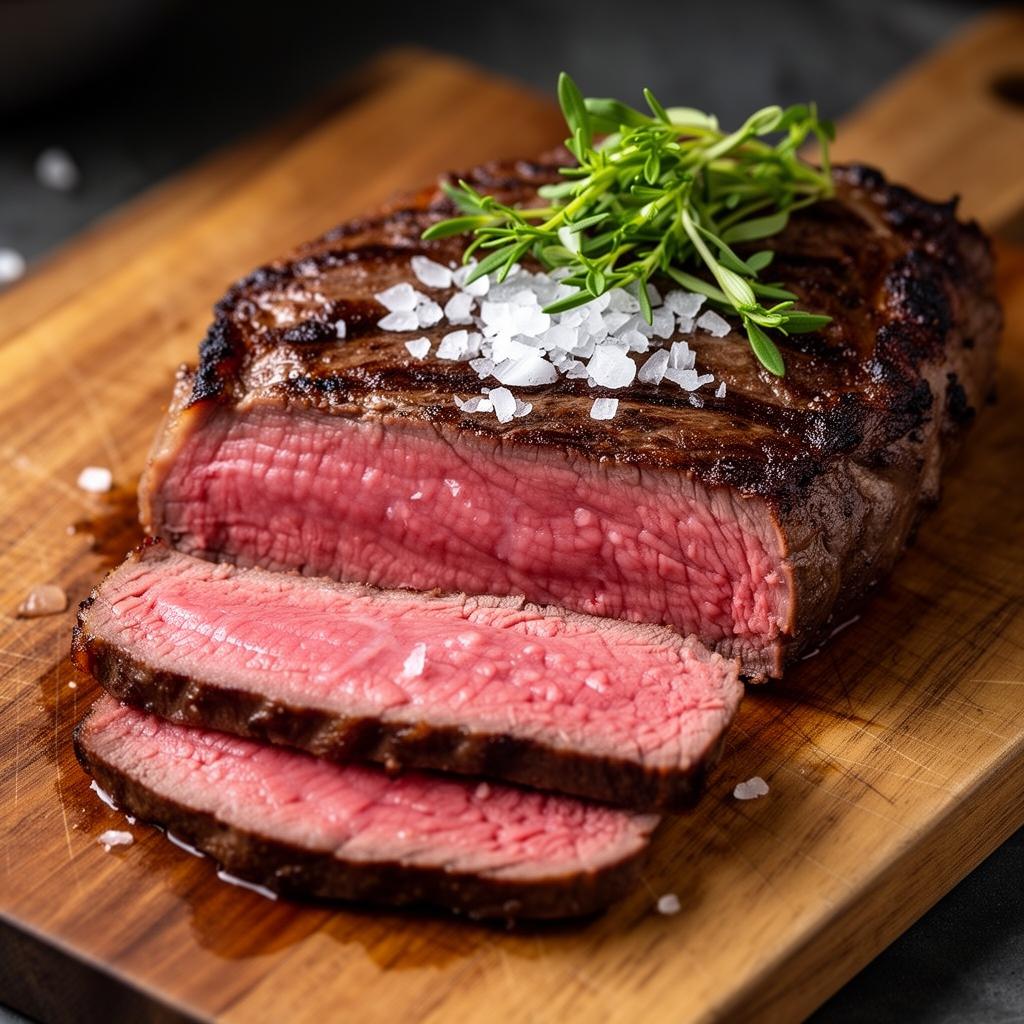 Perfectly cooked medium-rare steak sliced on a cutting board